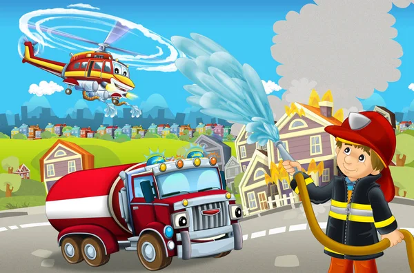 Cartoon-Bühne mit verschiedenen Geräten zur Brandbekämpfung bunte und fröhliche Szene mit Feuerwehrmann - Illustration für Kinder — Stockfoto