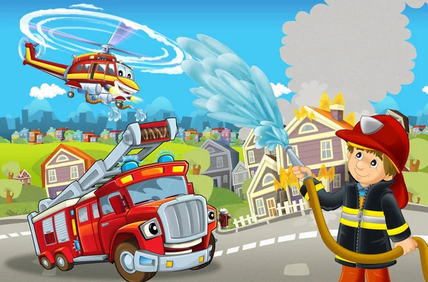 Cartoon-Bühne mit verschiedenen Geräten zur Brandbekämpfung bunte und fröhliche Szene mit Feuerwehrmann - Illustration für Kinder — Stockfoto