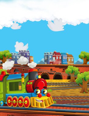 Cartoon funny looking steam train on the train station near the city - illustration for children clipart