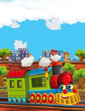 Karikatür komik buharlı tren tren istasyonu yakınındaki şehir - illüstrasyon çocuklar için üzerinde seyir