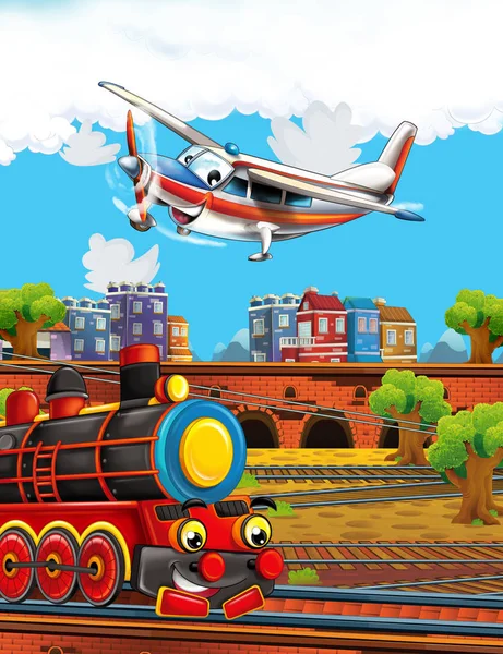 Tecknad rolig ser ångtåget på järnvägsstationen nära staden och flygande plan - illustration för barn — Stockfoto