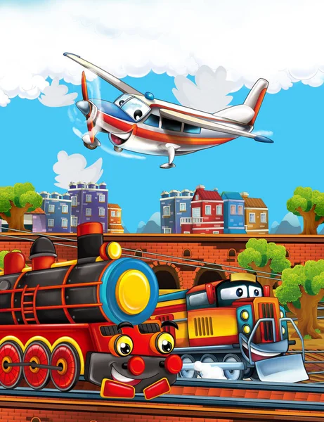 Cartoon funny looking steam train on the train station near the city and flying plane - illustration for children — Stock Photo, Image