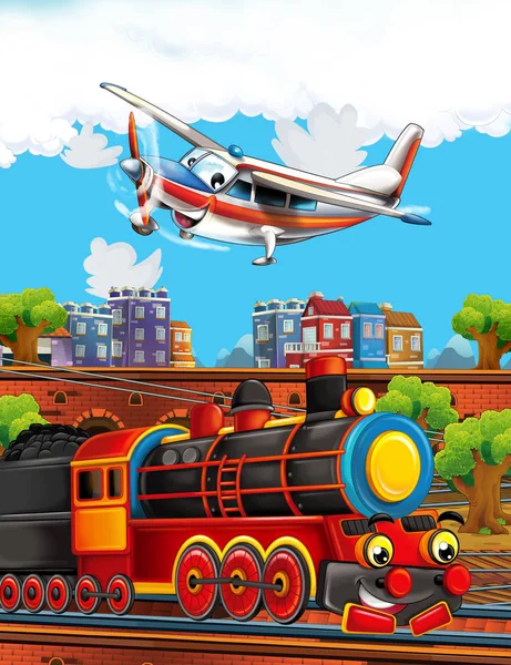 在靠近城市的火车站上，卡通滑稽的蒸汽火车和飞行的飞机- -儿童图解 — 图库照片