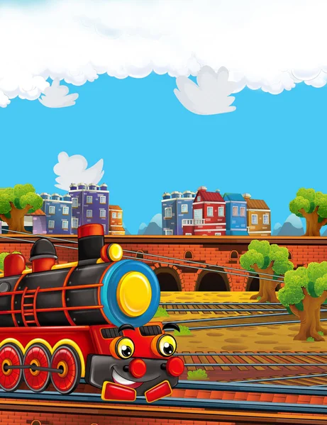 Мультфильм смешно выглядит паровоз на вокзале рядом с городом - иллюстрация для детей — стоковое фото