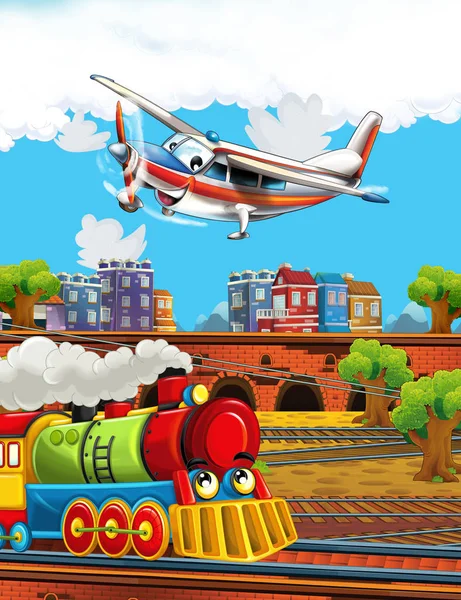 Şehrin yakınındaki tren istasyonunda komik görünüşlü buhar treni ve uçan uçak - çocuklar için illüstrasyon — Stok fotoğraf
