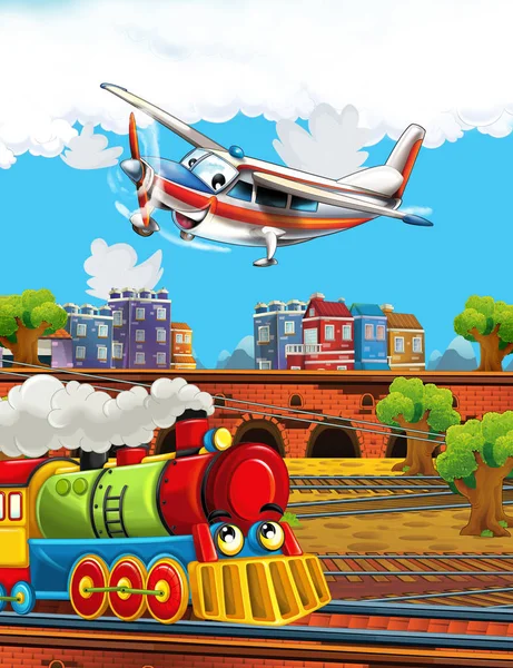 Cartoon funny looking steam train on the train station near the city and flying plane - illustration for children — Stock Photo, Image