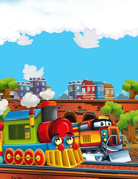 Tren de vapor de aspecto divertido de dibujos animados en la estación de tren cerca de la ciudad - ilustración para niños —  Fotos de Stock