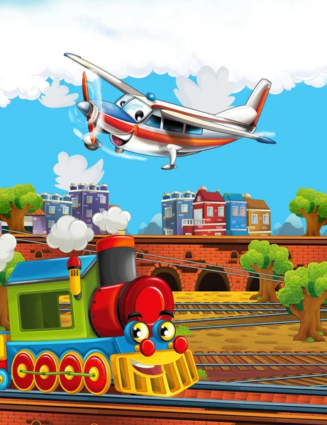 Cartoon funny looking steam train on the train station near the city and flying plane - illustration for children