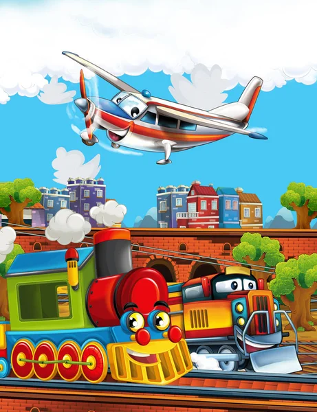 Cartoon lustig aussehende Dampfbahn auf dem Bahnhof in der Nähe der Stadt und fliegendes Flugzeug - Illustration für Kinder — Stockfoto