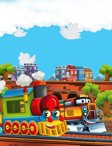 Tren de vapor de aspecto divertido de dibujos animados en la estación de tren cerca de la ciudad - ilustración para niños —  Fotos de Stock