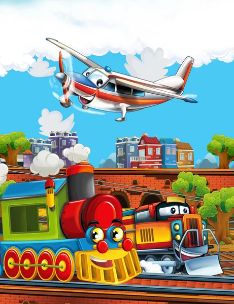 Cartoon legrační vypadající parní vlak na vlakovém nádraží v blízkosti města a létající letadlo - ilustrace pro děti — Stock fotografie