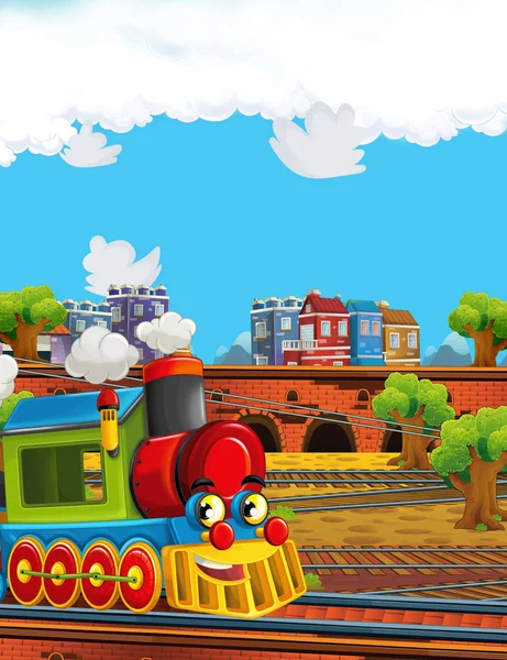Мультфильм смешно выглядит паровоз на вокзале рядом с городом - иллюстрация для детей — стоковое фото