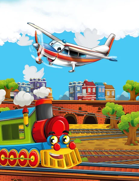 Cartoon funny looking steam train on the train station near the city and flying plane - illustration for children — Stock Photo, Image