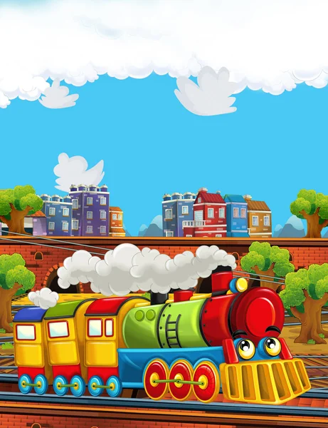 Cartoon funny looking steam train on the train station near the city - illustration for children — Stock Photo, Image