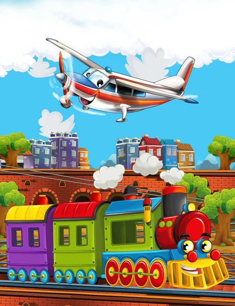 Cartoon funny looking steam train on the train station near the city and flying plane - illustration for children — Stock Photo, Image