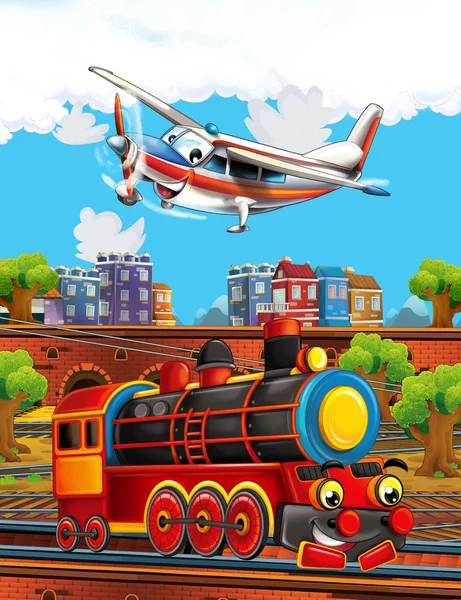 Tren de vapor de aspecto divertido de dibujos animados en la estación de tren cerca de la ciudad y avión volador - ilustración para niños —  Fotos de Stock