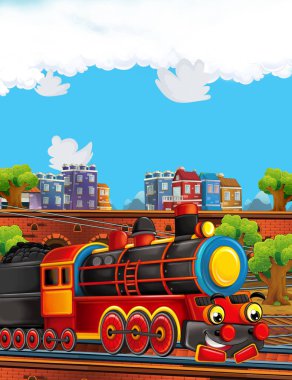 Karikatür komik buharlı tren tren istasyonu yakınındaki şehir - illüstrasyon çocuklar için üzerinde seyir