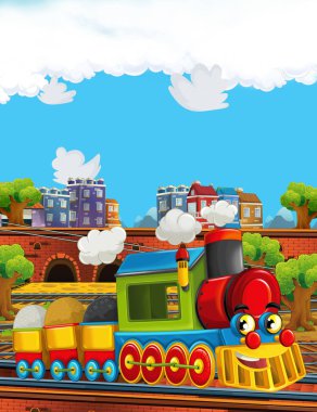 Karikatür komik buharlı tren tren istasyonu yakınındaki şehir - illüstrasyon çocuklar için üzerinde seyir