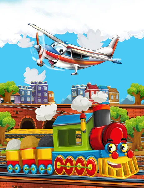 Cartoon funny looking steam train on the train station near the city and flying plane - illustration for children — Stock Photo, Image