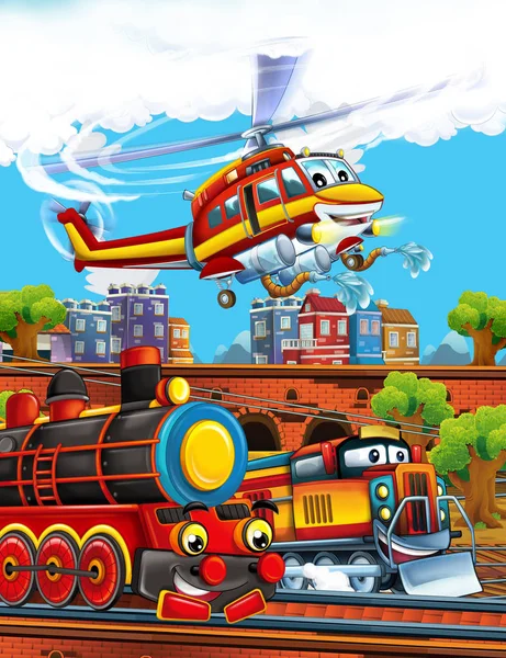 Cartoon funny looking steam train on the train station near the city and flying fireman helicopter - illustration for children — 스톡 사진