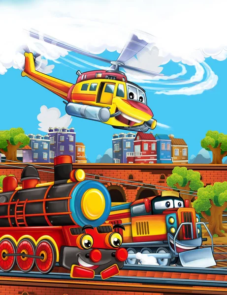 Cartone animato divertente cercando treno a vapore sulla stazione ferroviaria vicino alla città e volare elicottero di emergenza - illustrazione per i bambini — Foto Stock