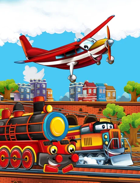 Cartoon funny looking steam train on the train station near the city and flying fireman plane - illustration for children — Stock Photo, Image