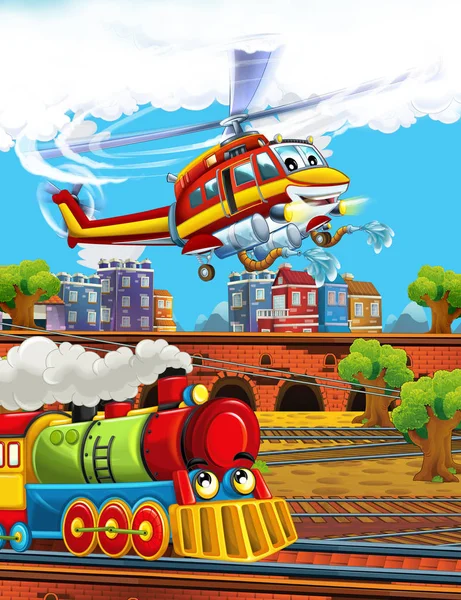 Cartoon funny looking steam train on the train station near the city and flying fireman helicopter - illustration for children — Stock Photo, Image