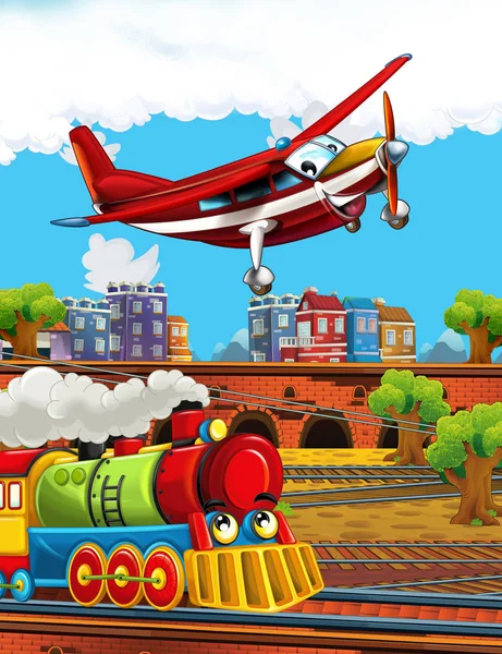Cartoon funny looking steam train on the train station near the city and flying fireman plane - illustration for children — Stock Photo, Image
