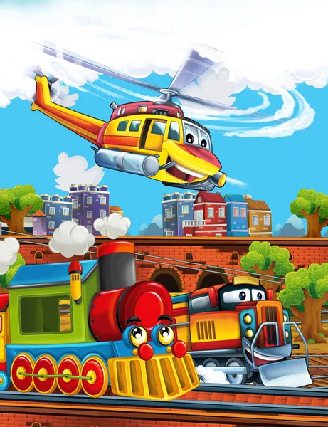 Cartoon funny looking steam train on the train station near the city and flying emergency helicopter - illustration for children — Stock Photo, Image