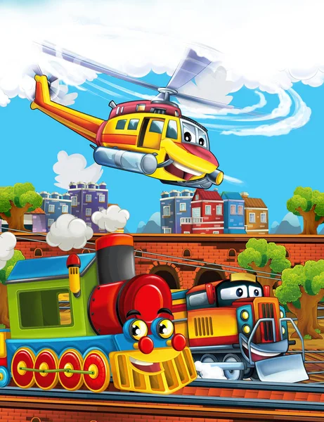 Cartoon lustig aussehender Dampfzug auf dem Bahnhof in der Nähe der Stadt und fliegender Rettungshubschrauber - Illustration für Kinder — Stockfoto