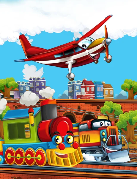 市内の鉄道駅で漫画の面白い蒸気機関車を見て、消防士の飛行機を飛んで-子供のためのイラスト — ストック写真