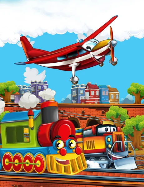 Cartoon grappig ogende stoomtrein op het station in de buurt van de stad en vliegende brandweerman vliegtuig - illustratie voor kinderen — Stockfoto