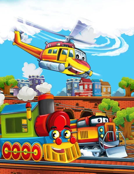 Cartoon funny looking steam train on the train station near the city and flying emergency helicopter - illustration for children — Stock Photo, Image