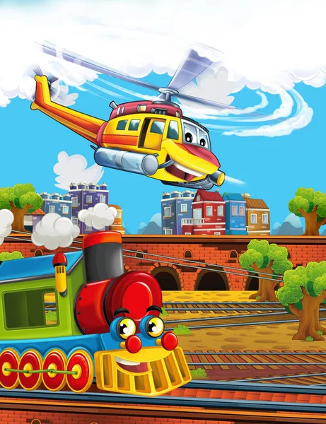 Cartoon lustig aussehender Dampfzug auf dem Bahnhof in der Nähe der Stadt und fliegender Rettungshubschrauber - Illustration für Kinder — Stockfoto