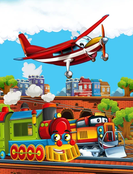 Cartoon funny looking steam train on the train station near the city and flying fireman plane - illustration for children — Stock Photo, Image