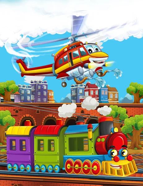 Rajzfilm vicces néz gőz vonat a vasútállomáson, közel a város és a repülő tűzoltó helikopter - illusztráció gyerekeknek — Stock Fotó
