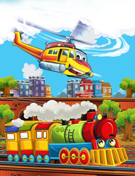 Cartoon legrační vypadající parní vlak na vlakovém nádraží v blízkosti města a létající nouzový vrtulník - ilustrace pro děti — Stock fotografie