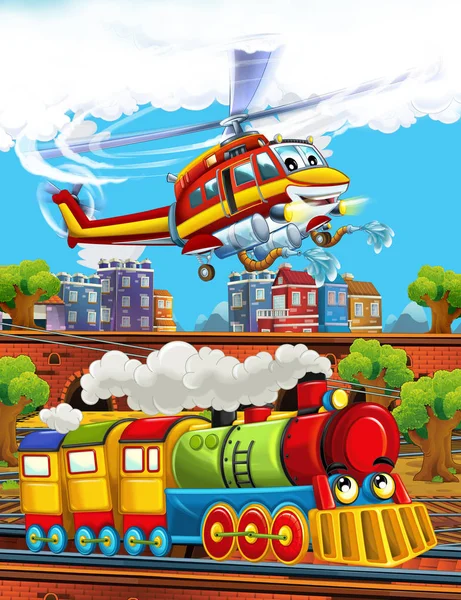 Rajzfilm vicces néz gőz vonat a vasútállomáson, közel a város és a repülő tűzoltó helikopter - illusztráció gyerekeknek — Stock Fotó