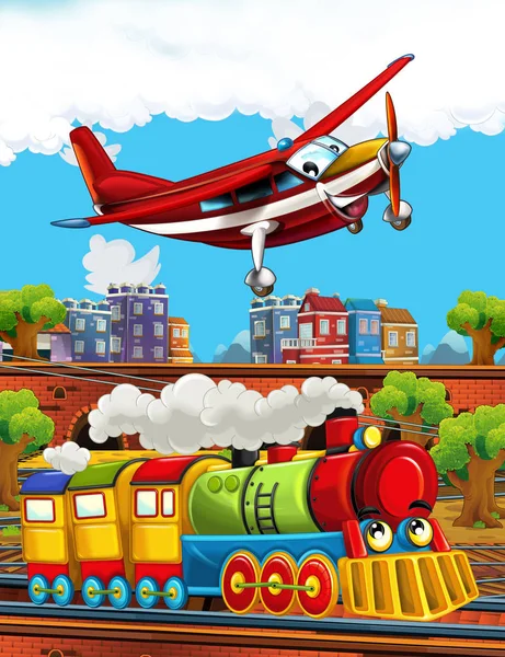 Cartoon funny looking steam train on the train station near the city and flying fireman plane - illustration for children — Stock Photo, Image