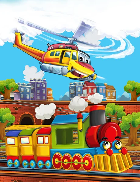 Cartoon funny looking steam train on the train station near the city and flying emergency helicopter - illustration for children