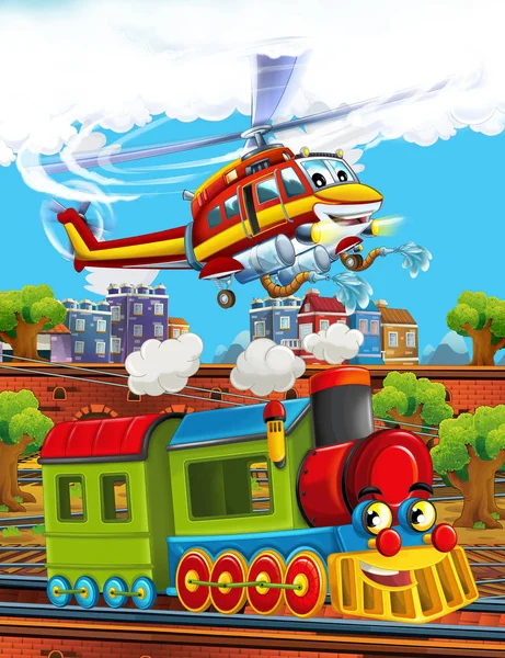 Cartoon legrační vypadající parní vlak na vlakovém nádraží v blízkosti města a létající hasič vrtulník - ilustrace pro děti — Stock fotografie