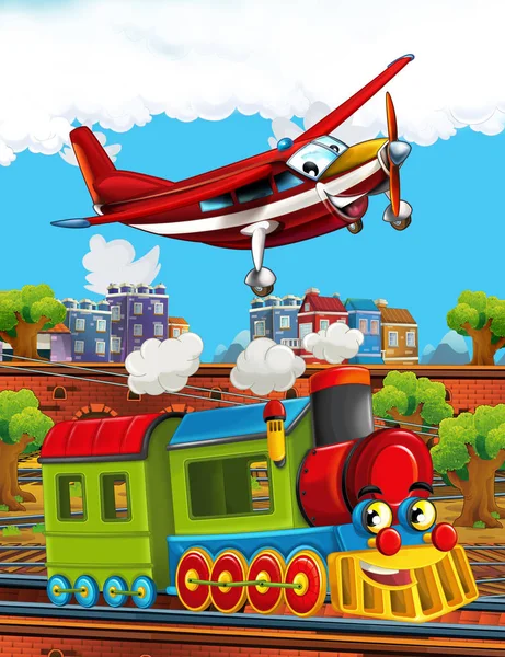 Cartoon funny looking steam train on the train station near the city and flying fireman plane - illustration for children — Stock Photo, Image
