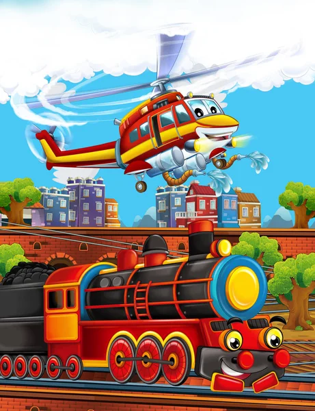 Cartoon funny looking steam train on the train station near the city and flying fireman helicopter - illustration for children — Stock Photo, Image