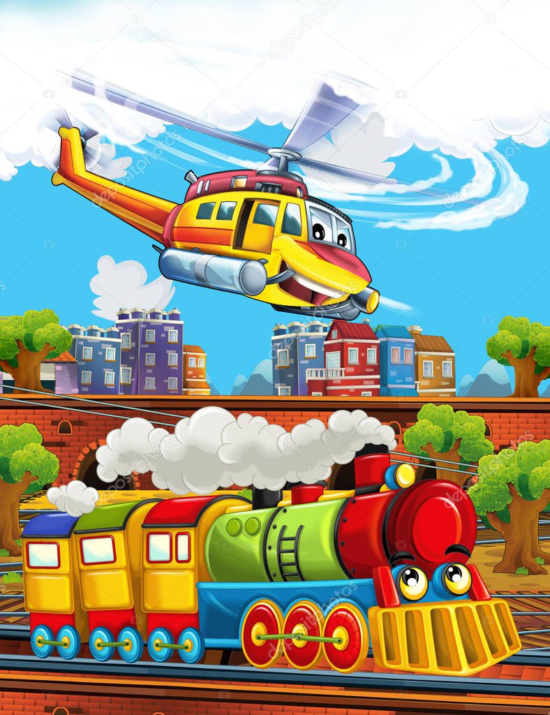 Cartoon funny looking steam train on the train station near the city and flying emergency helicopter - illustration for children
