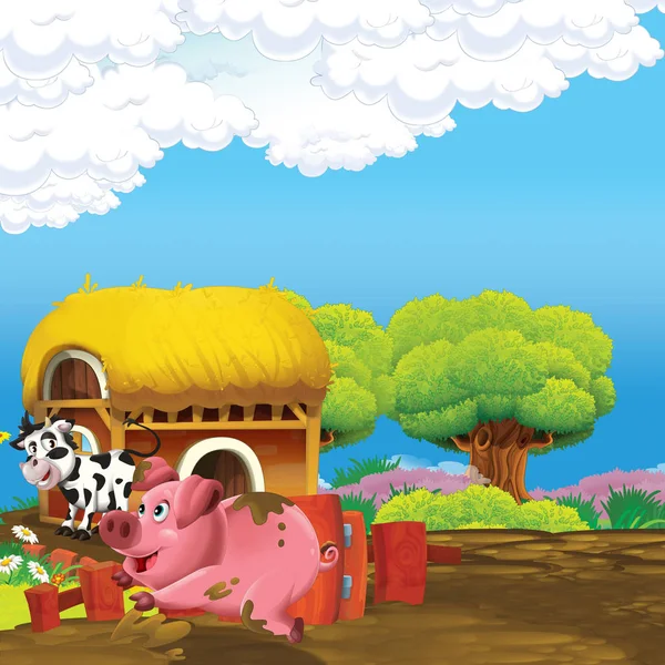 Cartoon scene met varken en koe plezier hebben op de boerderij - illustratie voor kinderen — Stockfoto