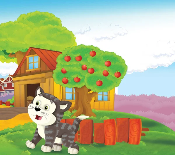 Scena dei cartoni animati con gatto divertirsi in fattoria - illustrazione per bambini — Foto Stock