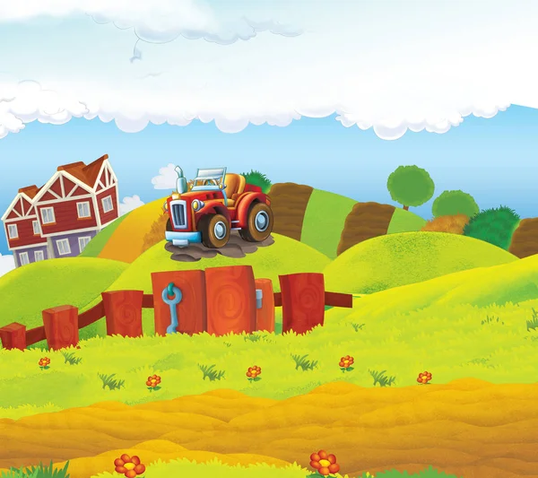 Dibujos animados vacía granja escena con tractor de coche para diferentes usos - ilustración para los niños —  Fotos de Stock