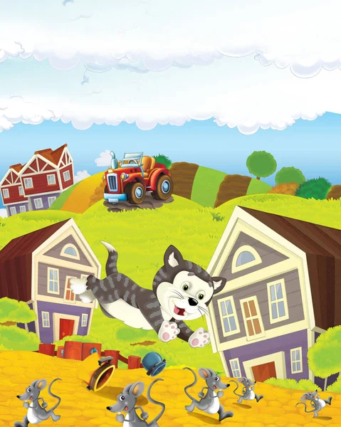 Zeichentrickszene mit Katze, die Spaß auf dem Bauernhof hat - Illustration für Kinder — Stockfoto