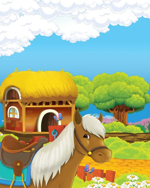 Cartoon scene with happy horse on the farm standing and looking illustration for children — Stock Photo, Image