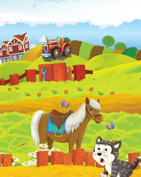 Мультфильм сцена с жизнью на ферме с лошадью и кошкой - иллюстрация для детей — стоковое фото